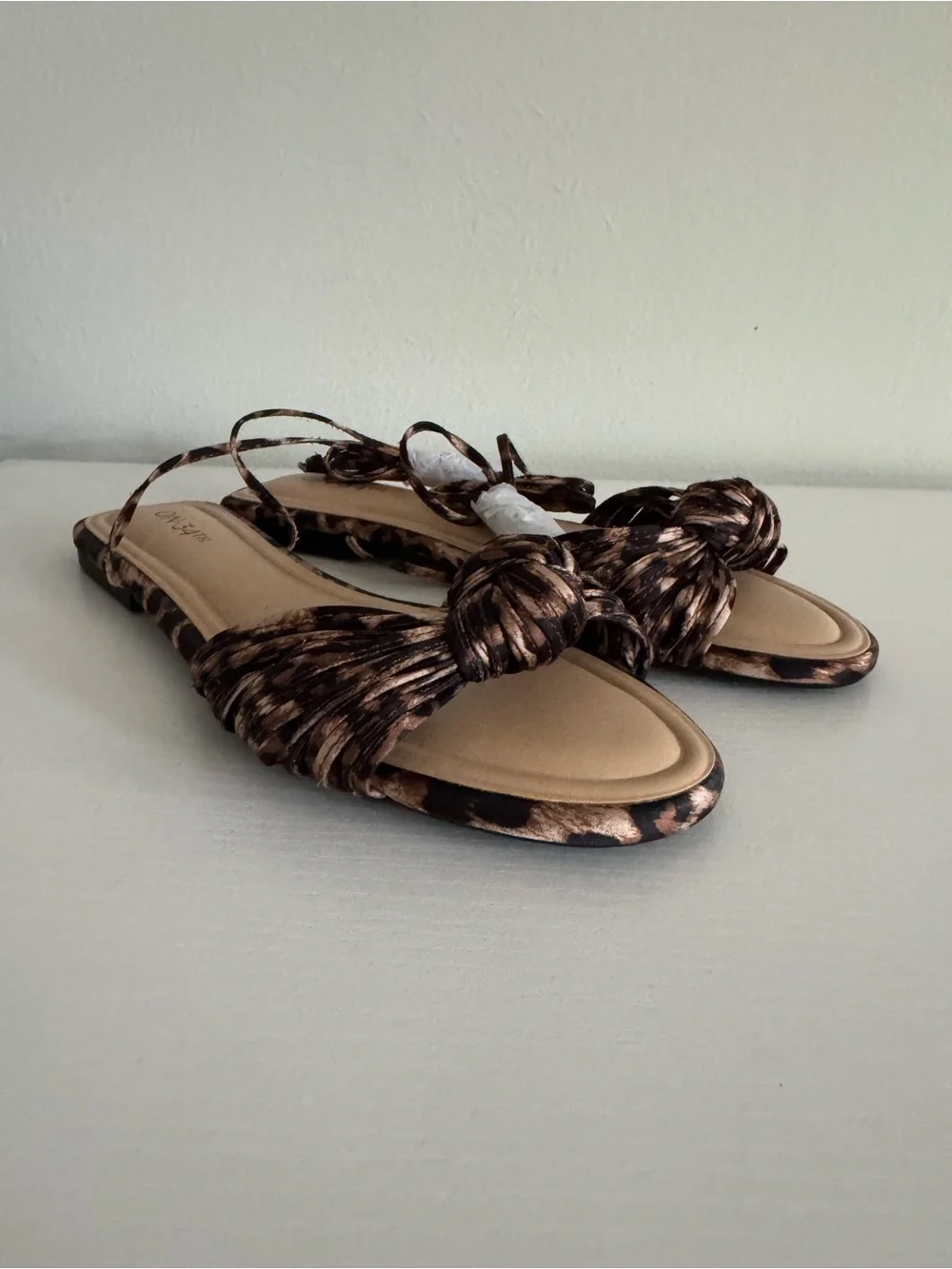 Leopard Print Knot Ankle-Tie Flat Sandals - Brown